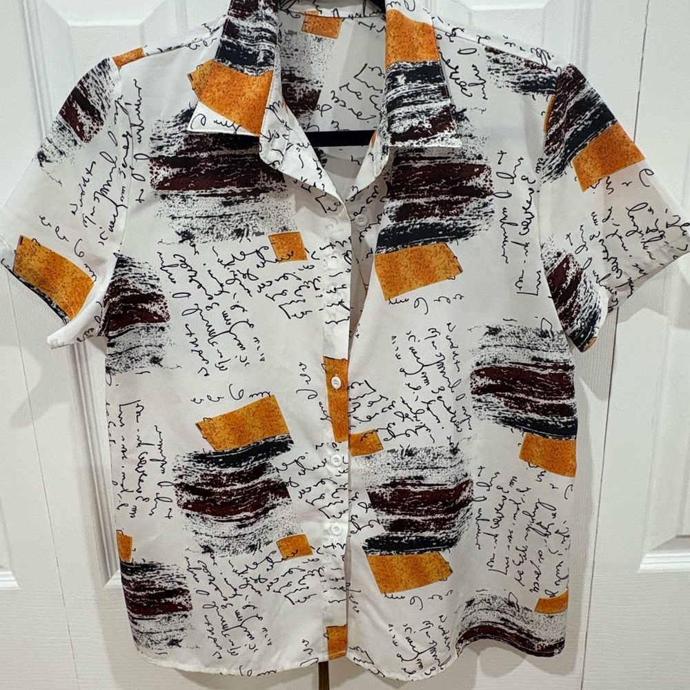 SHEIN White Abstract Print Button Down Shirt